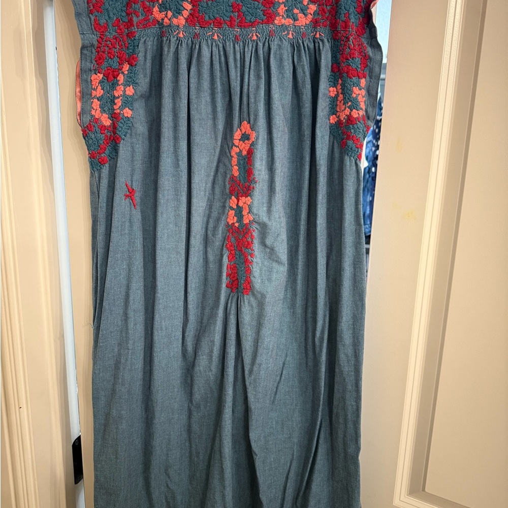 Mi Golondrina Teal and Coral Embroidered Dress